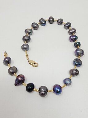Baroque Peacock Pearl Anklet Bracelet Gold Filled Clasp Beaded Iridescent